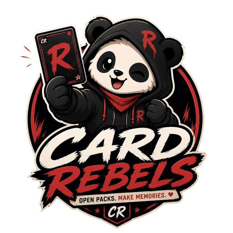 CardRebels Logo: Panda-Maskottchen im Hoodie hält eine Sammelkarte hoch. Open Packs. Make Memories.